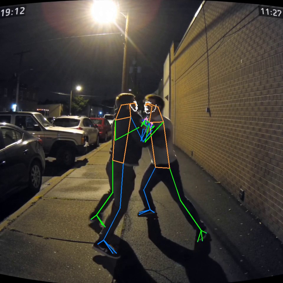 Night-time street camera with two people in an altercation, overlaid with anonymous skeletal tracking