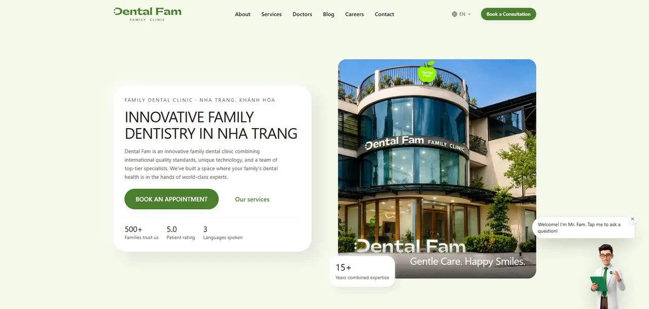 Dentalfam.vn homepage: innovative family dentistry in Nha Trang, with a photograph of the clinic building