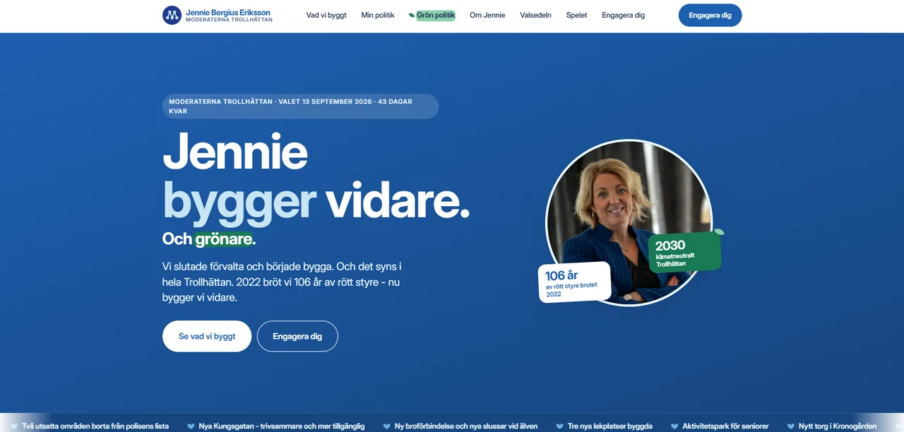 Jenniemoderat.se homepage: the headline Jennie bygger vidare beside a portrait of the candidate