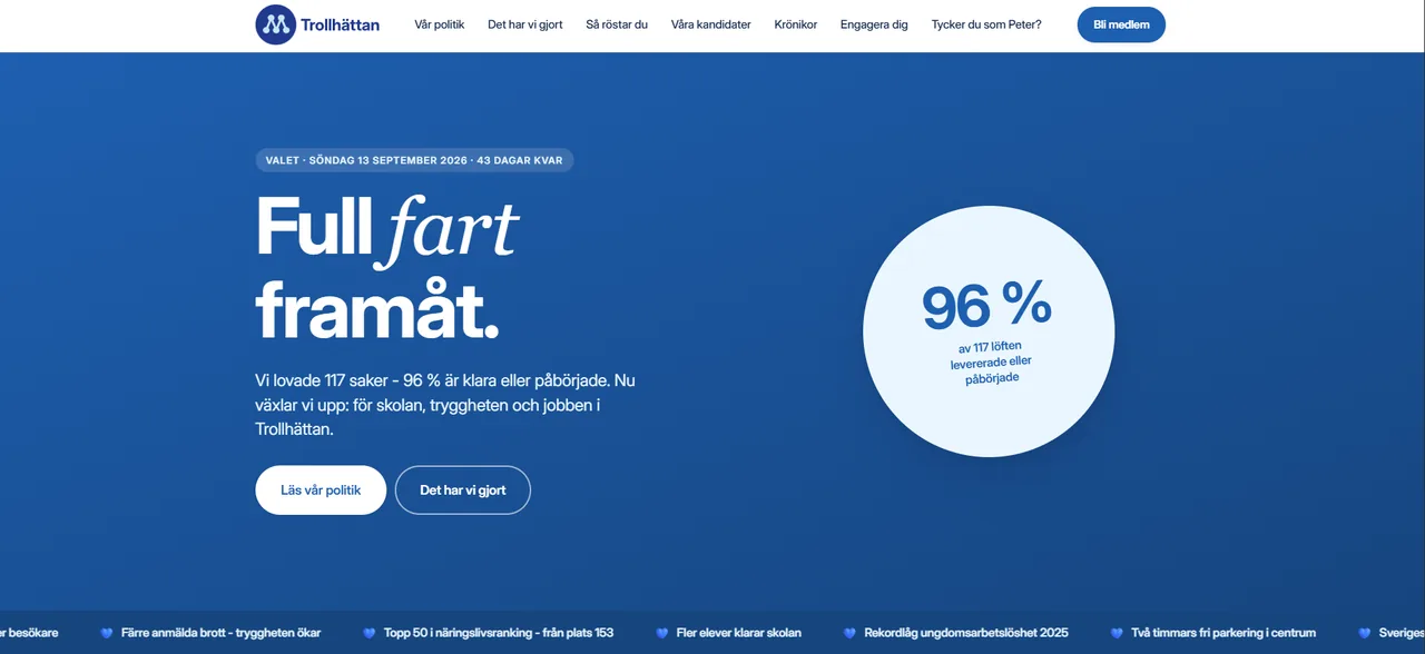 Nystarten.se homepage: the headline Full fart framåt next to a circle showing 96 per cent of promises delivered